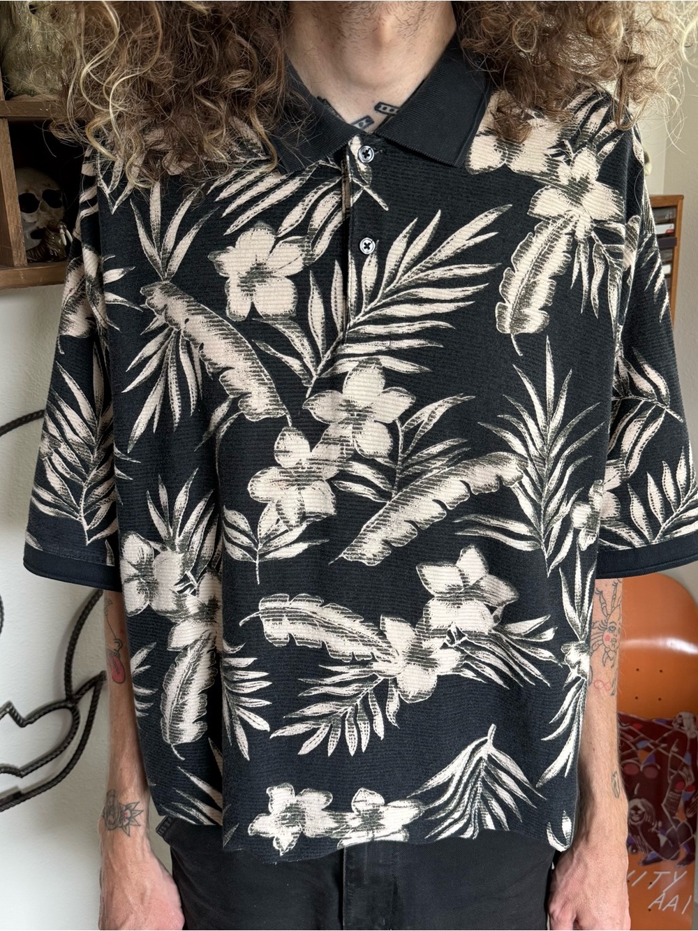 Vintage 90s 2000s Cropped Hawaiian Floral S/S Cotton Polo ~ Size XL